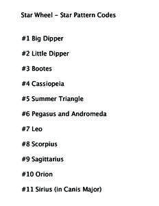 Star Wheel - Star Pattern Codes #1 Big Dipper #2 Little Dipper #3 Bootes #4 Cassiopeia #5 Summer Triangle