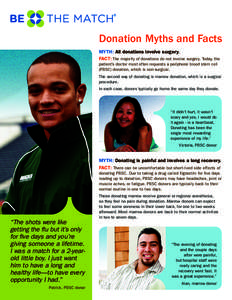 Donation Myths and Facts MYTH: All donations involve surgery. FACT:	The majority of donations do not involve surgery. Today, the patient’s doctor most often requests a peripheral blood stem cell (PBSC) donation, which 