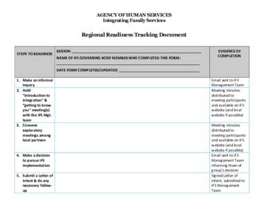 AGENCY OF HUMAN SERVICES Integrating Family Services Regional Readiness Tracking Document  STEPS TO READINESS