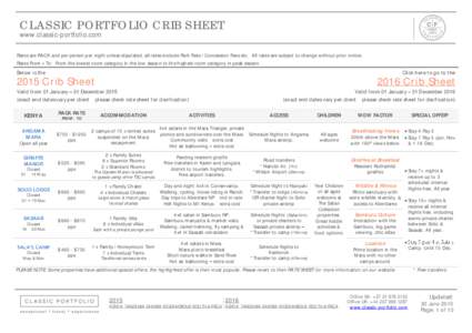 CLASSIC PORTFOLIO CRIB SHEET www.classic-portfolio.com Rates are RACK and per person per night unless stipulated, all rates exclude Park Fees / Concession Fees etc. All rates are subject to change without prior notice. R