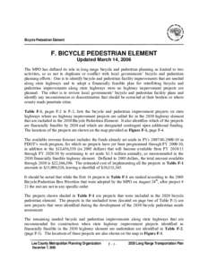 Bicycle Pedestrian Element  F. BICYCLE PEDESTRIAN ELEMENT Updated March 14, 2006 The MPO has defined its role in long range bicycle and pedestrian planning as limited to two activities, so as not to duplicate or conflict