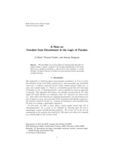 Notre Dame Journal of Formal Logic Volume 0, Number 0, 0000 A Note on Freedom from Detachment in the Logic of Paradox Jc Beall, Thomas Forster, and Jeremy Seligman