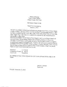 Notice of Hearing Town of Green Island Albany County, New york Preliminary Budget for the Fiscal year Commencing January 1,2015