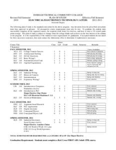 DURHAM TECHNICAL COMMUNITY COLLEGE Revised Fall Semester PLAN OF STUDY Effective Fall Semester 2010 ELECTRICAL/ELECTRONICS TECHNOLOGY (A35220)