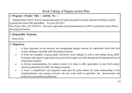 Stock-Taking of Niigata Action Plan 1 Program・Project Title / Activity No. : Original Project Title 55. Review regional approaches for addressing plant biosecurity, and hold workshop to explore regional joint actions w