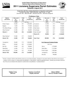 2011 Louisiana Sugarcane Parish Estimates Released: August 2012 Cooperating with The Louisiana Department of Agriculture and Forestry Louisiana Field Office · 5825 Florida Blvd · Baton Rouge, LA[removed][removed]