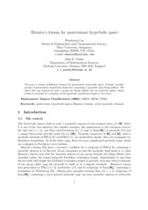 Shimizu’s lemma for quaternionic hyperbolic space Wensheng Cao School of Mathematics and Computational Science, Wuyi University, Jiangmen, Guangdong, P.R. China e-mail: 