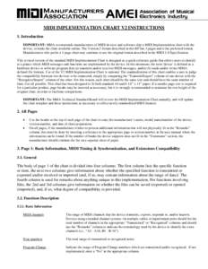 MIDI IMPLEMENTATION CHART V2 INSTRUCTIONS 1. Introduction IMPORTANT: MMA recommends manufacturers of MIDI devices and software ship a MIDI Implementation chart with the device, or make the chart available online. The Ver