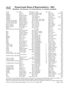 86  Pennsylvania House of Representatives[removed]Republican - 46; Democrat - 43; Union Democrat -11 (as finally constituted)  County