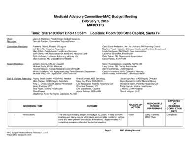 Medicaid Advisory Committee-MAC Budget Meeting February 1, 2016 MINUTES Time: Start-10:00am End-11:05am