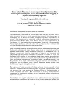 High-level Dialogue on International Migration and Development  Round table 2: Measures to ensure respect for and protection of the human rights of all migrants, and to prevent and combat smuggling of migrants and traffi
