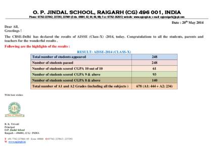 O. P. JINDAL SCHOOL, RAIGARH (CG[removed], INDIA Phone: [removed], 227293, [removed]Extn[removed], 02, 04, 06, 09); Fax: [removed]; website: www.opjsrgh.in; e-mail: [removed] Date : 20th May 2014 Dear All, 