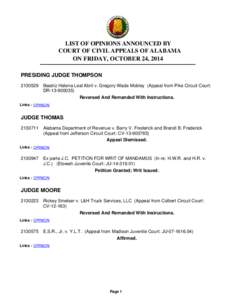 LIST OF OPINIONS ANNOUNCED BY COURT OF CIVIL APPEALS OF ALABAMA ON FRIDAY, OCTOBER 24, 2014 PRESIDING JUDGE THOMPSON[removed]Beatriz Helena Leal Abril v. Gregory Wade Mobley (Appeal from Pike Circuit Court: DR[removed])