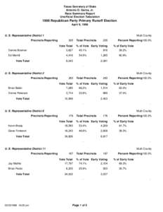 Texas Secretary of State Antonio O. Garza, Jr. Race Summary Report Unofficial Election Tabulation[removed]Republican Party Primary Runoff Election