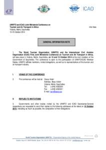 UNWTO and ICAO Joint Ministerial Conference on Tourism and Air Transport in Africa Victoria, Mahé, Seychelles[removed]October[removed]Info.Note