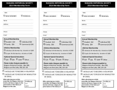 NIAGARA HISTORICAL SOCIETY 2014 Membership Form Date  NIAGARA HISTORICAL SOCIETY