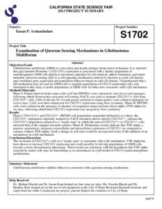 CALIFORNIA STATE SCIENCE FAIR 2013 PROJECT SUMMARY Name(s)  Easun P. Arunachalam