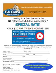 New Jersey Palomino Exhibitors Association  www.njpalomino.com Looking to Advertise with the NJ Palomino Exhibitors Association?