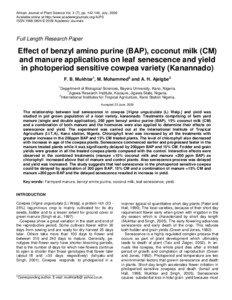 Medicinal plants / Plant hormones / Chlorophyllase / Cytokinin / Chlorophyll / Senescence / Tropical agriculture / Cowpea / Coconut / Botany / Flora / Food and drink