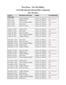 West Pasco – New Port Richey Civil Traffic Infraction Hearing Officer Assignments July- December DATES Wednesday July 8, 2015