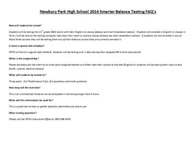 Newbury Park High School 2014 Smarter Balance Testing FAQ’s How will students be tested? Students will be taking the 11th grade SBAC exam with their English 11 classes (please see chart breakdown below). Students not e