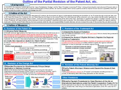 Outline of the Partial Revision of the Patent Act, etc. 1.Background In June 2013, the Japanese Cabinet approved the “Japan Revitalization Strategy” and the “Basic Principles Concerning IP Policy,” aiming at beco