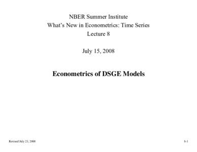 NBER Summer Institute What’s New in Econometrics: Time Series Lecture 8 July 15, 2008  Econometrics of DSGE Models