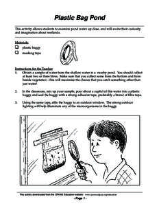 Plastic Bag Pond This activity allows students to examine pond water up close, and will excite their curiosity and imagination about wetlands. Materials:  ❏