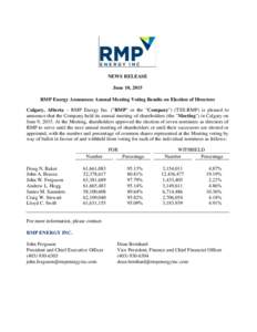 NEWS RELEASE June 10, 2015 RMP Energy Announces Annual Meeting Voting Results on Election of Directors Calgary, Alberta – RMP Energy Inc. (