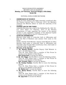 DELHI LEGISLATIVE ASSEMBLY REVISED LIST OF BUSINESS Monday, 23rd February, PhalgunSaka) 02:00 PM NATIONAL SONG (VANDE MATARAM) 1.