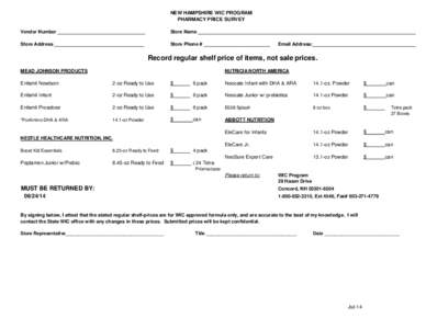 NEW HAMPSHIRE WIC PROGRAM PHARMACY PRICE SURVEY Vendor Number _________________________________ Store Name ___________________________________________________________________________________