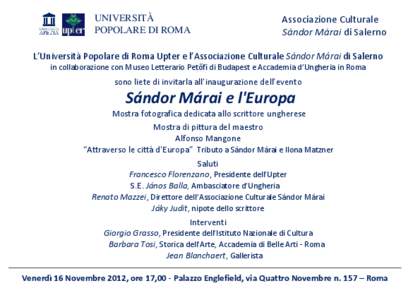 UNIVERSITÀ POPOLARE DI ROMA Associazione Culturale Sándor Márai di Salerno