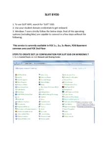 SLIIT BYOD 1. To use SLIIT WIFI, search for ‘SLIIT’ SSID. 2. Use your student domain credentials to get onboard. 3. Windows 7 users strictly follow the below steps. Rest of the operating systems (including Mac) are c