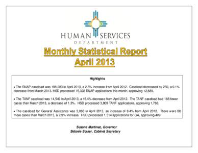 Highlights  The SNAP caseload was 198,283 in April 2013, a 2.5% increase from April[removed]Caseload decreased by 250, a 0.1% decrease from March[removed]HSD processed 15,322 SNAP applications this month, approving 12,689