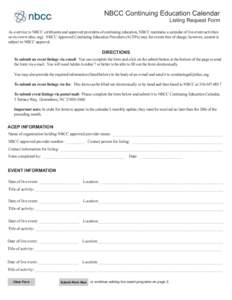 NBCC Continuing Education Calendar  Listing Request Form TM