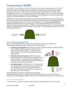 Composting in WARM  Composting is a waste management practice for what the Waste Reduction Model (WARM) calls “organics” (materials of plant or animal origin such as food and leaves). Composting uses microbes to help