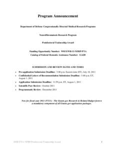 Program Announcement Department of Defense Congressionally Directed Medical Research Programs Neurofibromatosis Research Program Postdoctoral Traineeship Award