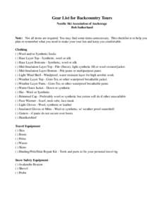 Gear List for Backcountry Tours Nordic Ski Association of Anchorage Bob Sutherland Note: Not all items are required. You may find some items unnecessary. This checklist is to help you plan or remember what you need to ma