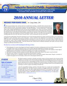 Nebraska Board of Public Accountancy The Board is responsible for licensing and regulating Certified Public Accountants (CPAs) and Public Accountants (PAs) in Nebraska 2010 ANNUAL LETTER Mr. Doug Skiles, CPA