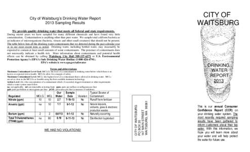 CITY OF WAITSBURG City of Waitsburg’s Drinking Water Report 2013 Sampling Results We provide quality drinking water that meets all federal and state requirements.