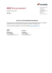 ASX Announcement  Woodside Petroleum Ltd. ACN[removed]Woodside Plaza