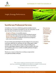 S u s ta i n a b i l i t y f ro m t h e grou n d u p  Insight, Strategy, Performance. SureHarvest Professional Services At SureHarvest, we know how to build lasting agrifood sustainability initiatives.