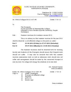 GURU RAVIDAS AYURVED UNIVERSITY, HOSHIARPUR (PUNJAB) Telephone No.: [removed]Fax & Telephone No.: [removed]E-mail: [removed]