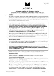 Page 1 of 11  SPECIFICATION FOR THE CONSTRUCTION OF CONCRETE VEHICLE CROSSINGS WITHIN THE CITY OF MONASH 1.