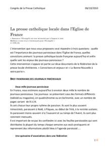 Congrès de la Presse Catholique[removed]La presse catholique locale dans l’Eglise de France