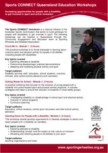 Sports CONNECT Queensland Education Workshops Increasing opportunities for people with a disability to get involved in sport and active recreation The Sports CONNECT framework is a national initiative of the Australian S