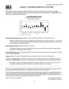 Wednesday, November 26, 2003  INCOME UP, CONSUMER SPENDING FLAT IN OCTOBER Disposable income increased in October 2003 and consumer spending was virtually unchanged, according to estimates released today by the U.S. Bure