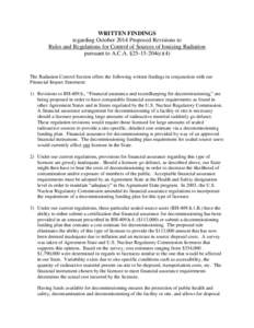 WRITTEN FINDINGS regarding October 2014 Proposed Revisions to Rules and Regulations for Control of Sources of Ionizing Radiation pursuant to A.C.A. §e)(4)  The Radiation Control Section offers the following wr