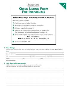 1  Sources QUICK LISTING FORM FOR INDIVIDUALS Follow these steps to include yourself in Sources: