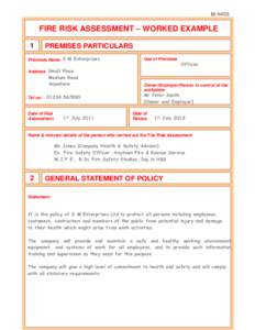 BE-INT05  FIRE RISK ASSESSMENT – WORKED EXAMPLE 1  PREMISES PARTICULARS